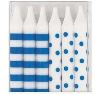 Tårtljus blå prickar&ränder 12-pack