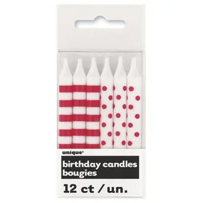 Tårtljus röda prickar&ränder 12-pack