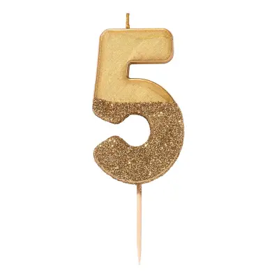 Tårtljus Siffra Guld/Guldglitter - Siffra 5