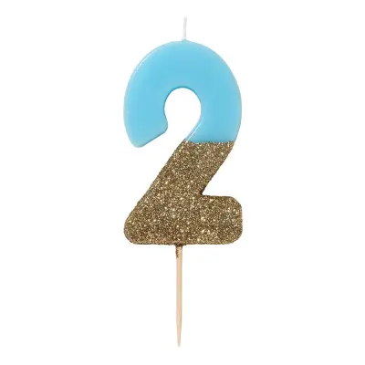 Tårtljus Siffra Ljusblå/Guldglitter - Siffra 2