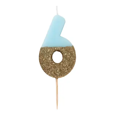 Tårtljus Siffra Ljusblå/Guldglitter - Siffra 6