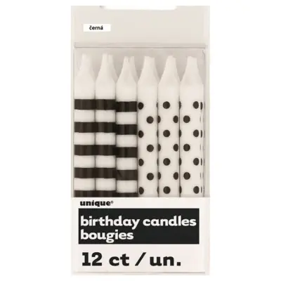 Tårtljus svarta prickar&ränder 12-pack